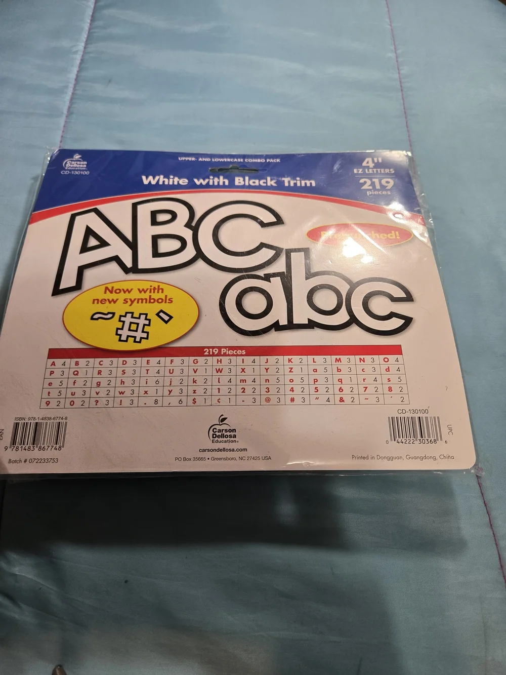 White with Black Trim ABC Bulletin Board Letters - White